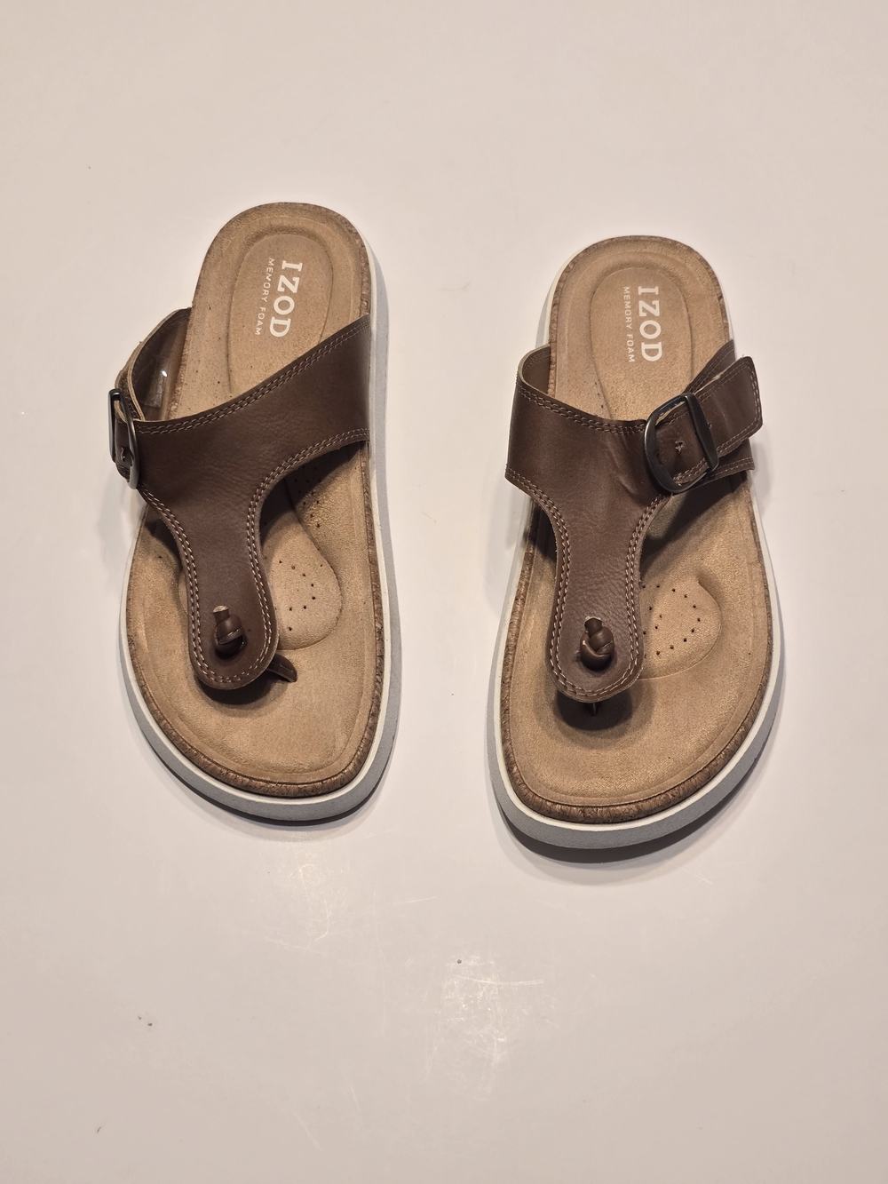 Izod Brown Leather Toe-Post Sandals with Buckle Strap
